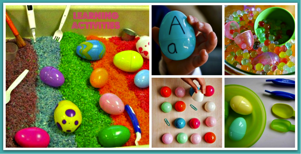 For learning activities, plastic Easter eggs have many uses, from scoopers during sensory play to memory games and alphabet eggs.  10.	Rainbow Rice scoopers during sensory play 11.	Alphabet Eggs with items starting with that letter or matching up capital and lowercase letters 12.	Water Bead activity 13.	Memory Game 14.	Egg Transfer activity using a couple of tools like spoons and tongs for fine motor exercises  