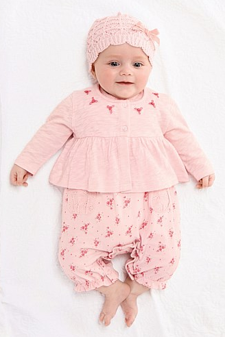 Next Pink Ditsy Print Jersey Dungarees And Shrug Two Piece Set 